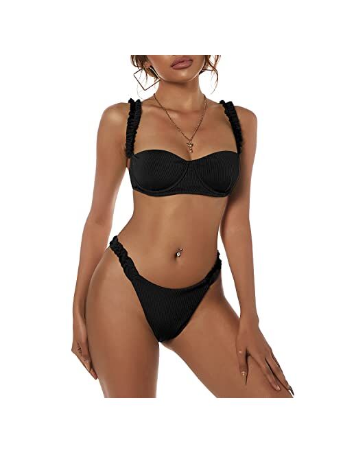 ZAFUL Women's V-Wired Underwire High Leg Two Piece Bikini Set Swimsuit