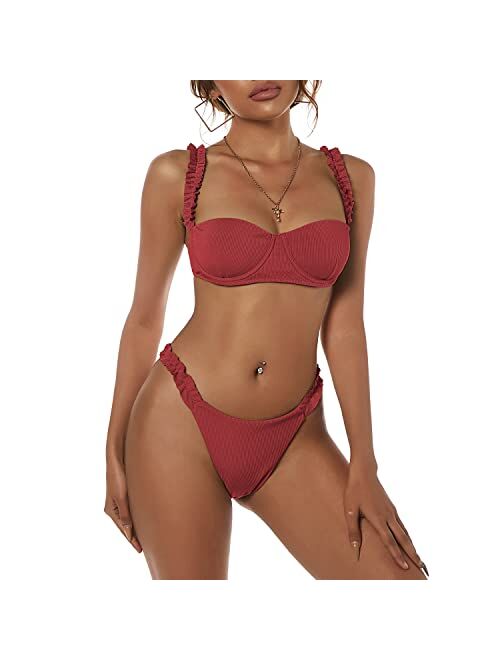 ZAFUL Women's V-Wired Underwire High Leg Two Piece Bikini Set Swimsuit