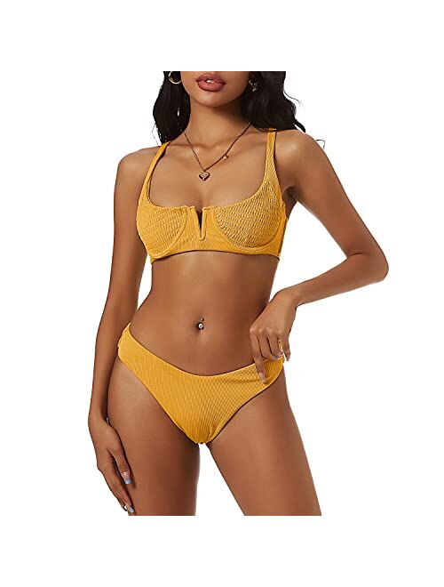 ZAFUL Women's V-Wired Underwire High Leg Two Piece Bikini Set Swimsuit