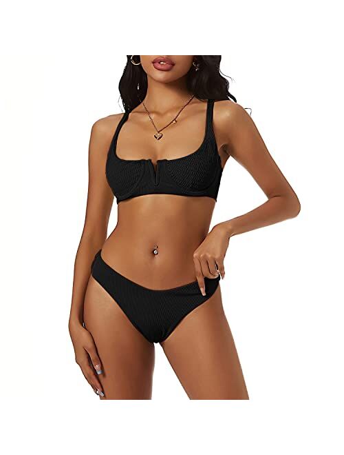 ZAFUL Women's V-Wired Underwire High Leg Two Piece Bikini Set Swimsuit