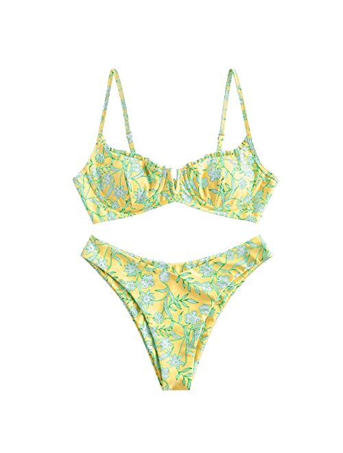 ZAFUL Women's V-Wired Underwire High Leg Two Piece Bikini Set Swimsuit