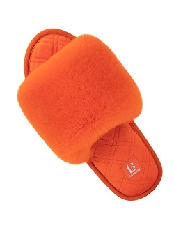 LongBay Women's Fuzzy Faux Fur Memory Foam Cozy Flat Spa Slide Slippers Comfy Open Toe Slip On House Shoes Sandals