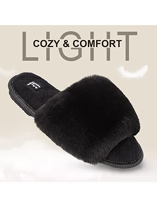 LongBay Women's Fuzzy Faux Fur Memory Foam Cozy Flat Spa Slide Slippers Comfy Open Toe Slip On House Shoes Sandals