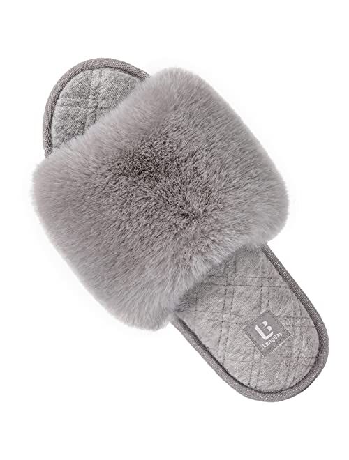 LongBay Women's Fuzzy Faux Fur Memory Foam Cozy Flat Spa Slide Slippers Comfy Open Toe Slip On House Shoes Sandals