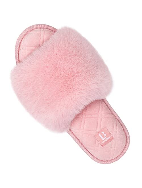 LongBay Women's Fuzzy Faux Fur Memory Foam Cozy Flat Spa Slide Slippers Comfy Open Toe Slip On House Shoes Sandals