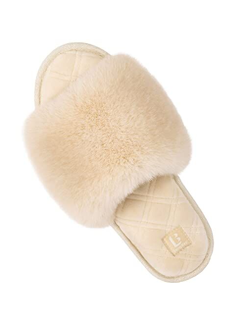 LongBay Women's Fuzzy Faux Fur Memory Foam Cozy Flat Spa Slide Slippers Comfy Open Toe Slip On House Shoes Sandals