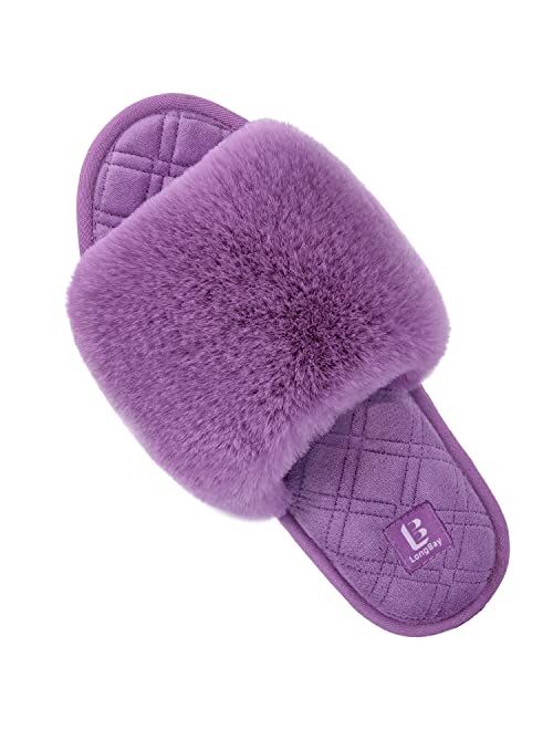 LongBay Women's Fuzzy Faux Fur Memory Foam Cozy Flat Spa Slide Slippers Comfy Open Toe Slip On House Shoes Sandals