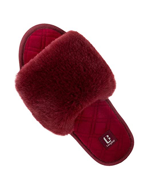 LongBay Women's Fuzzy Faux Fur Memory Foam Cozy Flat Spa Slide Slippers Comfy Open Toe Slip On House Shoes Sandals