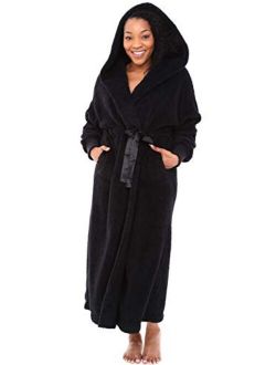 Women's Plush Fleece Robe with Hood, Long Warm Hooded Bathrobe