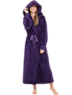 Women's Plush Fleece Robe with Hood, Long Warm Hooded Bathrobe