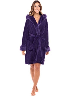 Women's Short Fleece Robe with Hood, Knee Length Faux Fur Bathrobe