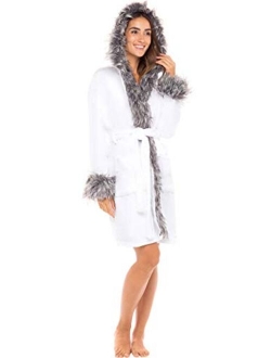 Women's Short Fleece Robe with Hood, Knee Length Faux Fur Bathrobe