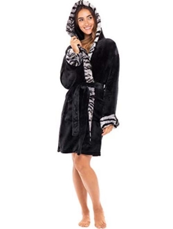 Women's Short Fleece Robe with Hood, Knee Length Faux Fur Bathrobe