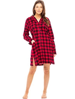 Women's Warm Flannel Sleep Shirt with Hood, Button Down Pajama Top