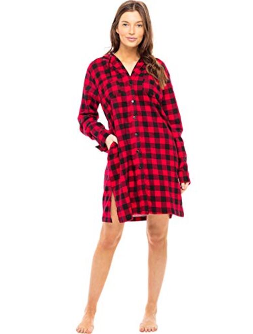 Alexander Del Rossa Women's Warm Flannel Sleep Shirt with Hood, Button Down Pajama Top