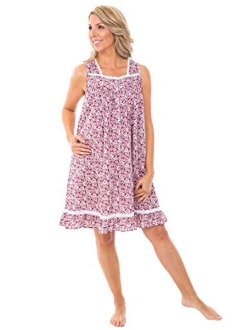 Womens 100% Cotton Lawn Nightgown, Sleeveless Button Up Ruffled Sleep Dress