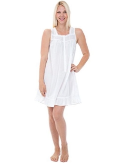 Womens 100% Cotton Lawn Nightgown, Sleeveless Button Up Ruffled Sleep Dress