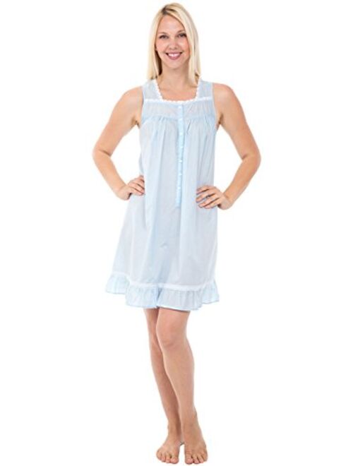 Alexander Del Rossa Womens 100% Cotton Lawn Nightgown, Sleeveless Button Up Ruffled Sleep Dress