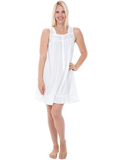 Alexander Del Rossa Womens 100% Cotton Lawn Nightgown, Sleeveless Button Up Ruffled Sleep Dress