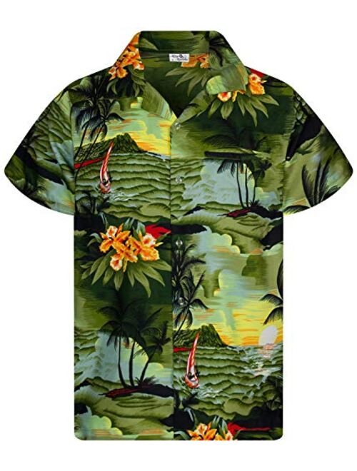 KING KAMEHA Funky Casual Hawaiian Shirt for Kids Boys and Girls Front Pocket Very Loud Shortsleeve Unisex Surf Beach Print