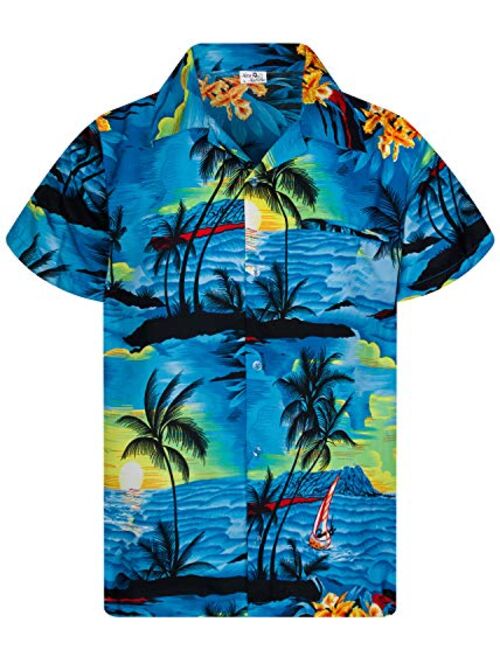 KING KAMEHA Funky Casual Hawaiian Shirt for Kids Boys and Girls Front Pocket Very Loud Shortsleeve Unisex Surf Beach Print