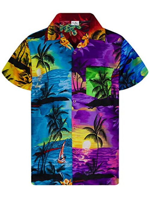 KING KAMEHA Funky Casual Hawaiian Shirt for Kids Boys and Girls Front Pocket Very Loud Shortsleeve Unisex Surf Beach Print