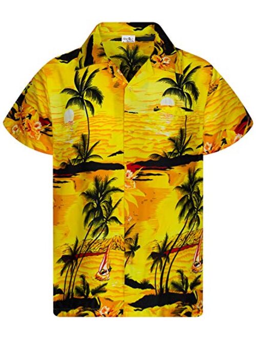 KING KAMEHA Funky Casual Hawaiian Shirt for Kids Boys and Girls Front Pocket Very Loud Shortsleeve Unisex Surf Beach Print