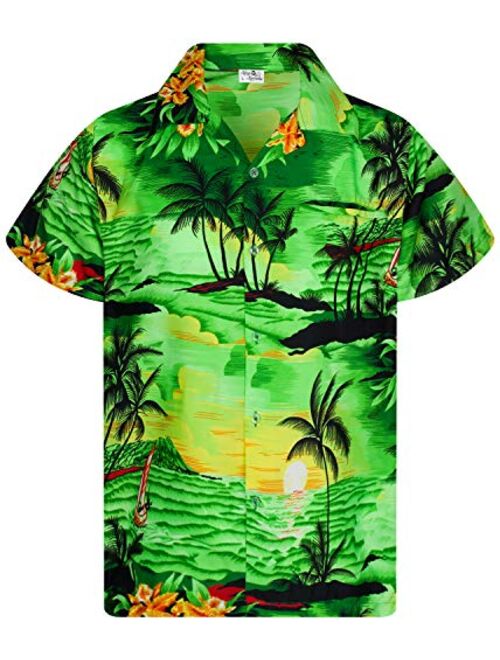 KING KAMEHA Funky Casual Hawaiian Shirt for Kids Boys and Girls Front Pocket Very Loud Shortsleeve Unisex Surf Beach Print