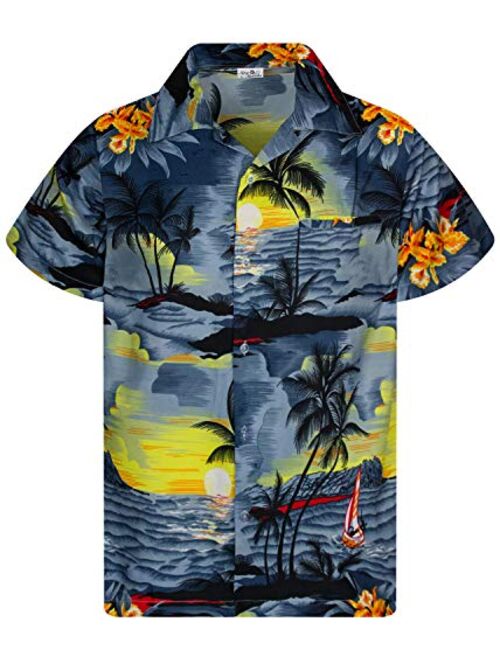 KING KAMEHA Funky Casual Hawaiian Shirt for Kids Boys and Girls Front Pocket Very Loud Shortsleeve Unisex Surf Beach Print