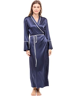 Women's Long Satin Robe with Contrast Piping- Tie Belt, Pockets, Full Length