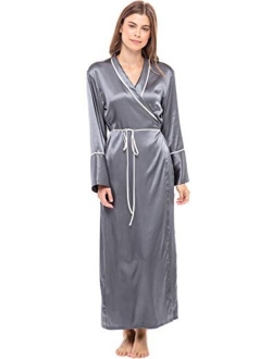 Women's Long Satin Robe with Contrast Piping- Tie Belt, Pockets, Full Length