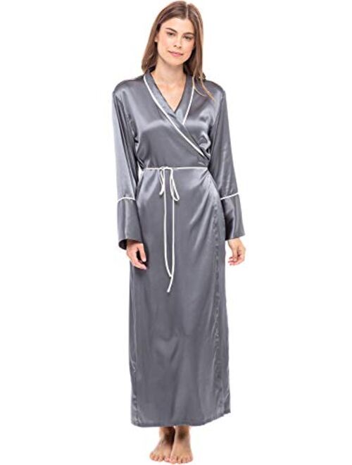 Alexander Del Rossa Women's Long Satin Robe with Contrast Piping- Tie Belt, Pockets, Full Length