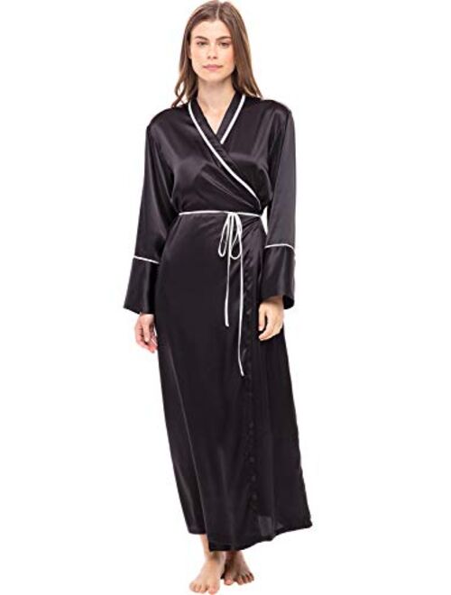 Alexander Del Rossa Women's Long Satin Robe with Contrast Piping- Tie Belt, Pockets, Full Length