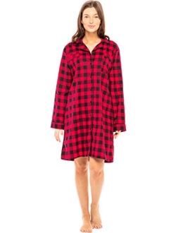 Women's Warm Flannel Sleep Shirt, Button Down Boyfriend Nightgown