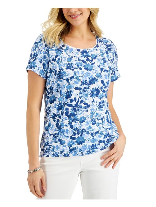 Karen Scott Petite Monochrome Floral Scoop Neck Top, Created for Macy's