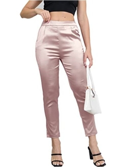 heipeiwa Women's Satin Pants Dress Casual Pleated Pull on High Waist Pants with Pockets