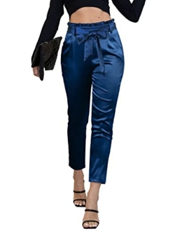 heipeiwa Women's Satin Pants Dress Casual Pleated Pull on High Waist Pants with Pockets