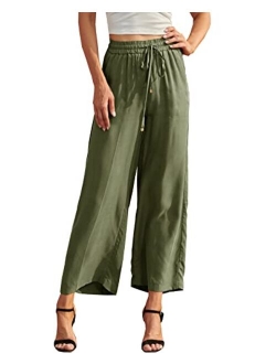 heipeiwa Women's Satin Pants Dress Casual Pleated Pull on High Waist Pants with Pockets