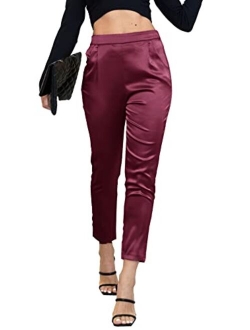 heipeiwa Women's Satin Pants Dress Casual Pleated Pull on High Waist Pants with Pockets