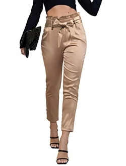 heipeiwa Women's Satin Pants Dress Casual Pleated Pull on High Waist Pants with Pockets