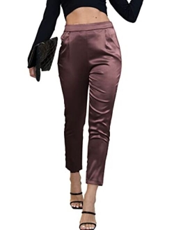 heipeiwa Women's Satin Pants Dress Casual Pleated Pull on High Waist Pants with Pockets