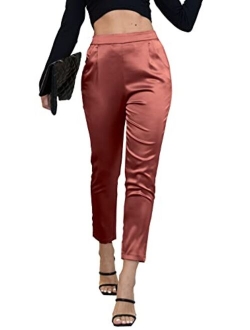 heipeiwa Women's Satin Pants Dress Casual Pleated Pull on High Waist Pants with Pockets