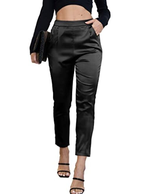 heipeiwa Women's Satin Pants Dress Casual Pleated Pull on High Waist Pants with Pockets