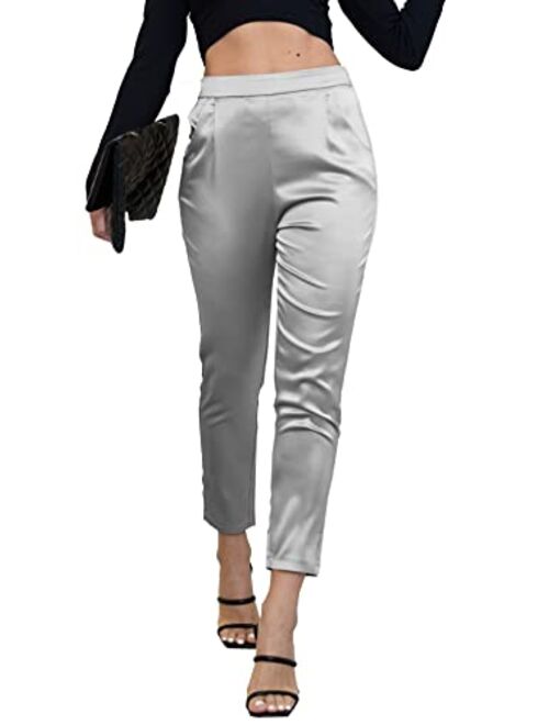 heipeiwa Women's Satin Pants Dress Casual Pleated Pull on High Waist Pants with Pockets