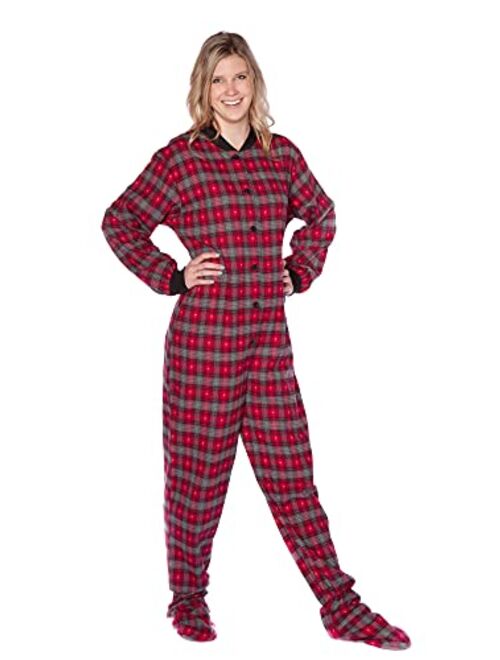 Big Feet Pajama Co. Plaid Cotton Flannel Adult Footie Onesie Drop seat Pajamas for Men and Women