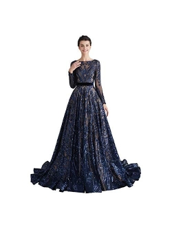 Maricopyjam Women's Luxury Sequins Long Sleeve Jewel Long Prom Evening Dresses