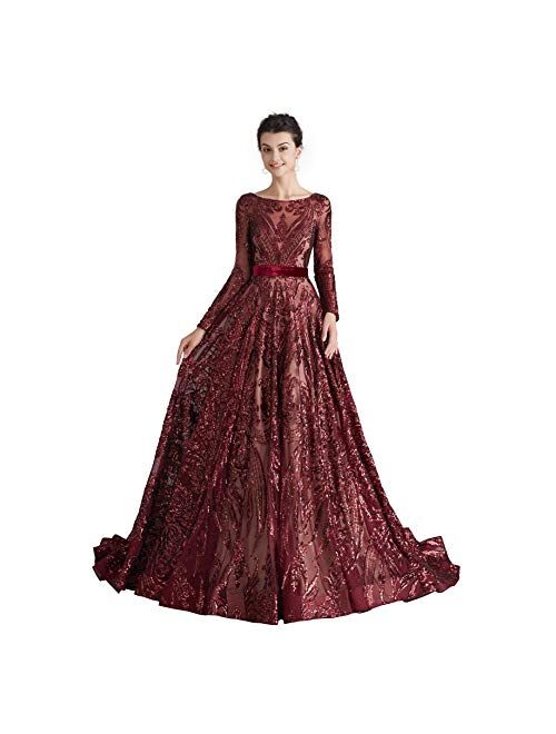 Maricopyjam Women's Luxury Sequins Long Sleeve Jewel Long Prom Evening Dresses