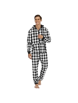 Xyuh Flannel Pajamas Sets for Men Soft One Piece Jumpsuit Plaid Print Hooded Sleepwear Winter Fleece Onesie Plus Size