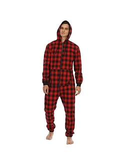 Xyuh Flannel Pajamas Sets for Men Soft One Piece Jumpsuit Plaid Print Hooded Sleepwear Winter Fleece Onesie Plus Size