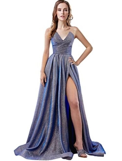 Topfountonart Women's Prom Dresses Formal Evening Dress Spaghetti Straps Neck Glitter Party Dress with Pockets